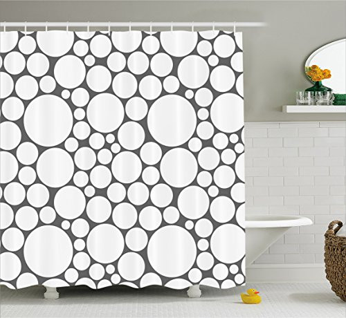 Ambesonne Geometric Circle Shower Curtain, Retro Pattern with Large Small Round Dots Abstract Art Print Image, Fabric Bathroom Decor Set with Hooks, 75 Inches Long, Dark Grey White