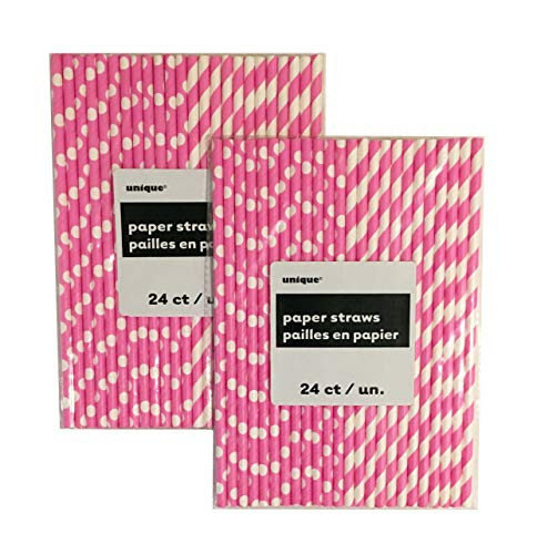 Set of 48 Pink and White Polka Dot and Striped Paper Drinking Straws Disposable Biodegradable Straws 8 -Pink and White-