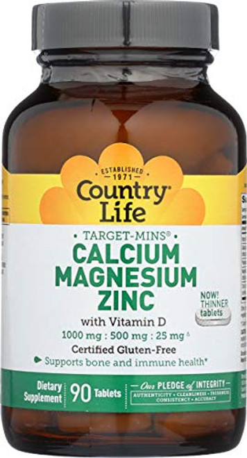 Country Life Target-Mins Calcium Magnesium Zinc w-Vitamin D 1000mg-500mg-25mg - 90 Tablets - Supports Bone and Immune Country Life Target-Mins Calcium Magnesium Zinc w-Vitamin D 1000mg-500mg-25mg - 90 Tablets - Supports Bone and Immune