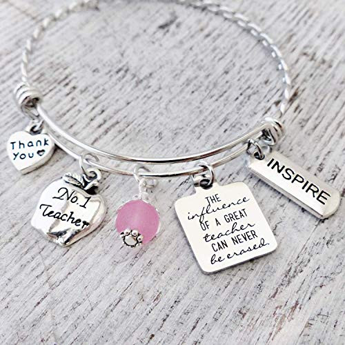 Teacher Gifts  Thank You Teacher Gifts  Teacher Jewelry  Bangle Bracelet  Inspire Charm  Apple Charm