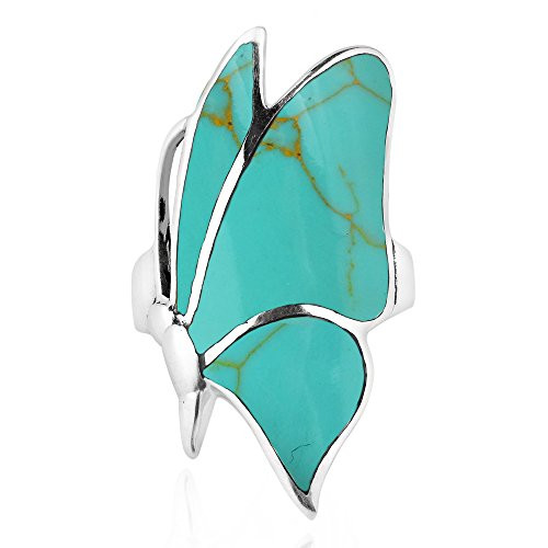 AeraVida Flying Monarch Butterfly Simulated Turquoise Inlay Stone -925 Sterling Silver Ring -9- AeraVida Flying Monarch Butterfly Simulated Turquoise Inlay Stone -925 Sterling Silver Ring -9-