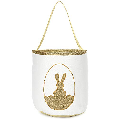 Easter Bunny Basket Egg Bags for Kids Canvas Cotton Personalized Candy Egg Basket Rabbit  Print Buckets with Fluffy Tail Gifts Bags for Easter -Glitte
