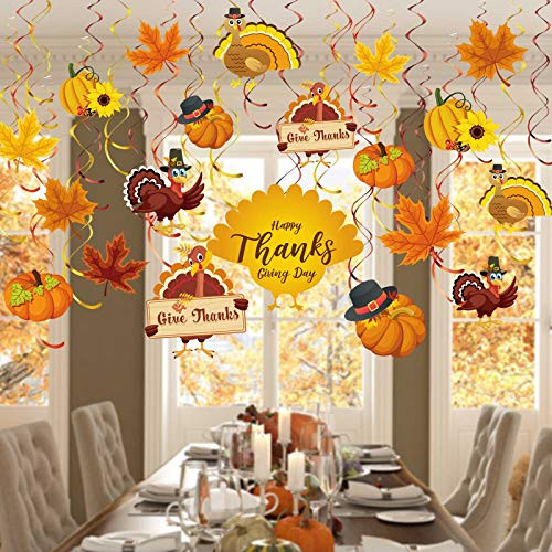 Blulu 30 Count Thanksgiving Party Decorations Thanksgiving Hanging Swirls Decorations  Turkey Pumpkin Chicken Maple Cutouts Hanging Swirls Ceiling Dec