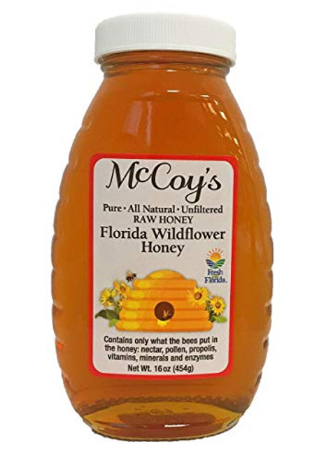 Raw Honey - Pure All Natural Unfiltered and Unpasteurized - McCoys Honey Florida Wildflower Honey Jar 16oz