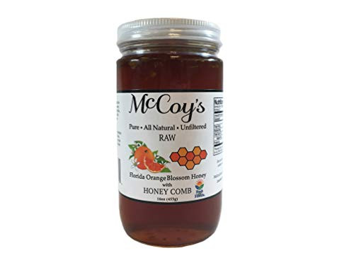 Raw Honey with Honey Comb - Pure All Natural Unfiltered and Unpasteurized - McCoys Honey Florida Orange Blossom Honey Jar 16oz