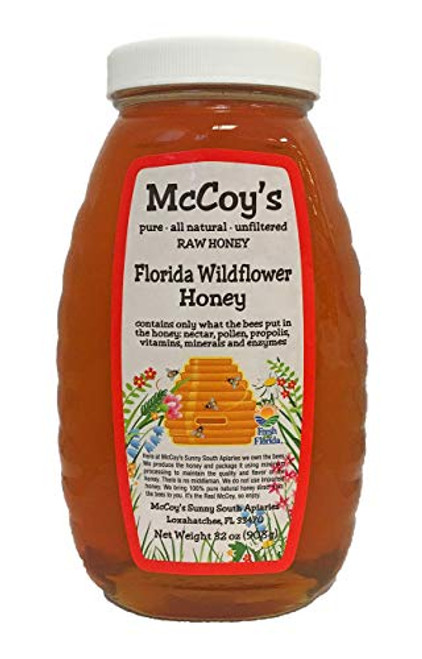 Raw Honey - Pure All Natural Unfiltered and Unpasteurized - McCoys Honey Florida Wildflower Honey Jar 32oz