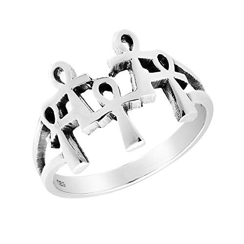 AeraVida Unique Row of Linked Egyptian Ankh Symbols-925 Sterling Silver Ring -9-