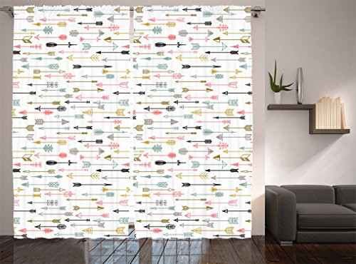 Ambesonne Arrow Decor Collection, Colorful Arrows Pattern Native American Style Art, Living Room Bedroom Curtain 2 Panels Set, 108 X 84 Inches, Pink Mustard White Black