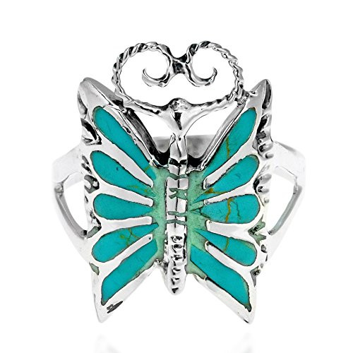 AeraVida Mystique Butterfly Simulated Green Turquoise Inlay -925 Sterling Silver Ring -9-