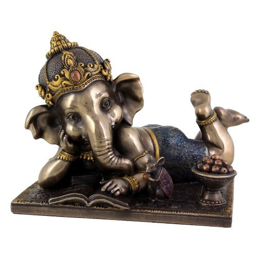Top Collection 4.75" H 6" W Young Ganesh (Ganesha) Reading with Mouse. Hindu Elephant God of Success. Bronze Powder Mixed with Resin with Color Accents. Artwork by King Tut's Secret