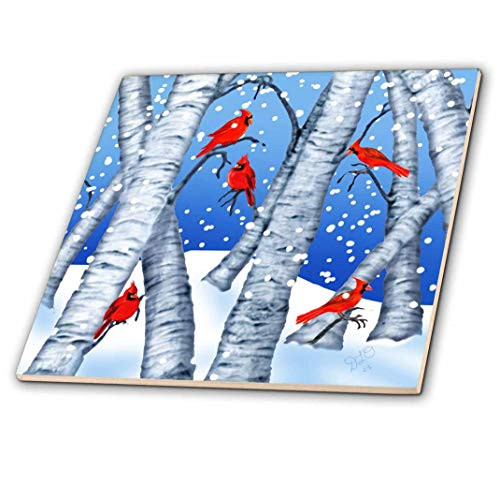 3D Rose Digital Art Cardinal Birds Sitting in Birch Trees in Winter Snow Ceramic Tile  Multicolor