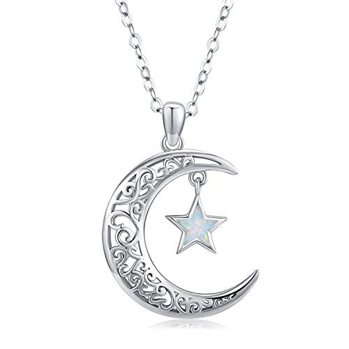 Moon Pendant Necklace with Opal Star Light   Dainty Infinite Love Y-Necklace Moon Cat Necklace TRISHULA 925 Sterling Silver Forever Love Sparkling Cre
