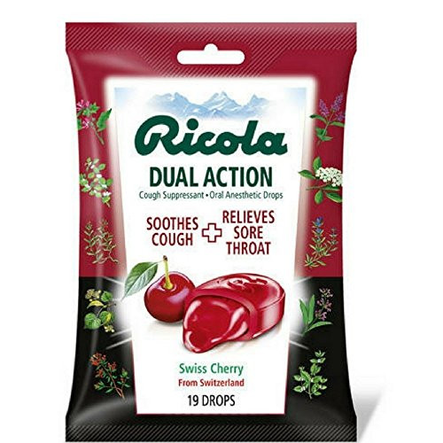 Ricola Dual Action Cherry Herbal Cough Suppressant Throat Drops  19ct Bag -Pack of 2-