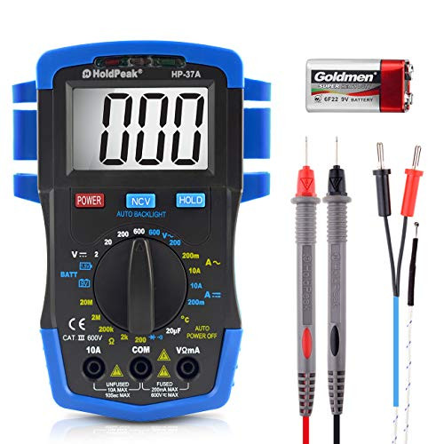 HOLDPEAK HP-37A Digital Multimeter Tester with Auto Backlit Manual Ranging for DC and AC Voltage DC Current Resistance Temperature  Battery test  Positi