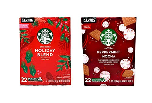 Starbucks Seasonal Holiday Coffee Variety Pack - Holiday Blend and Peppermint Mocha - 44 K Cups Total - 22 K Cups Per Box - Limited Edition Starbucks