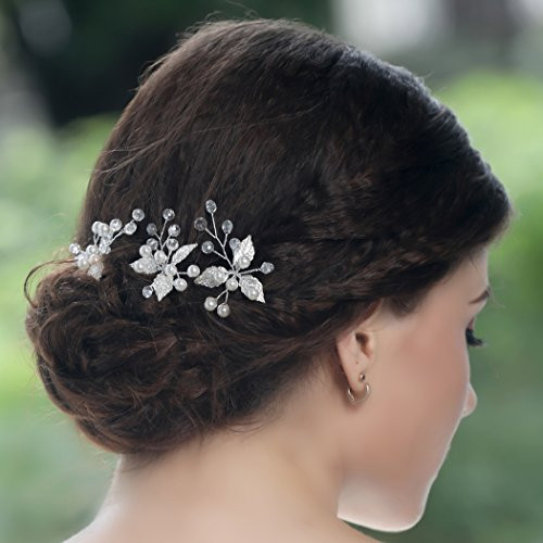 Jovono Bride Silver Wedding Hair Pins Leaf Headpieces Pearl Hair Accessories for Women and Girls -Pack of 3- Jovono Bride Silver Wedding Hair Pins Leaf Headpieces Pearl Hair Accessories for Women and Girls -Pack of 3-