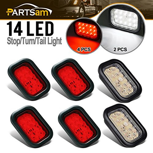 Partsam 4x Red+2x White 5"x3" inch Rectangular Sealed Stop Turn Tail Brake Reverse Backup Fog 14 LED Clearance Marker Lights Lamps Flush Rubber Mount Waterproof