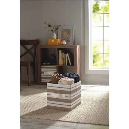 Better Homes and Gardens Collapsible Fabric Storage Cube | 100% Polyester (2, Tan Stripe)