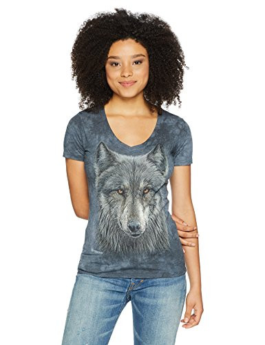 The Mountain Womens Warrior Wolf Tri-Blend V-Neck  Gray-Blue  M