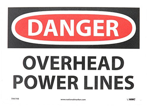 NMC D667AB DANGER - OVERHEAD POWER LINES - 14 in- x 10 in- Standard Aluminum Danger Sign with White-Black Text on Red-White Base