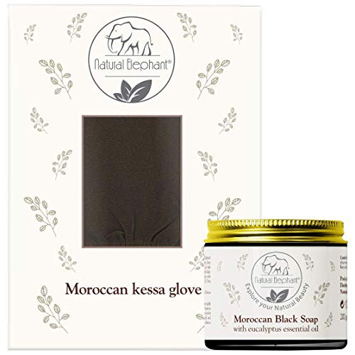 Natural Elephant Premium Kessa Hammam Glove and Moroccan Black Soap with Eucalyptus Essential Oil 200g -7oz- Combo Spa Exfoliation Kit
