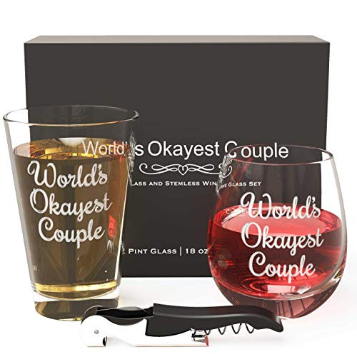 Worlds Okayest Couple Beer and Wine Glass Set  Funny Beer and Wine Glass set of 2  Funny Gift for Couples  Engagement Gift Idea for Couples  Wedding G