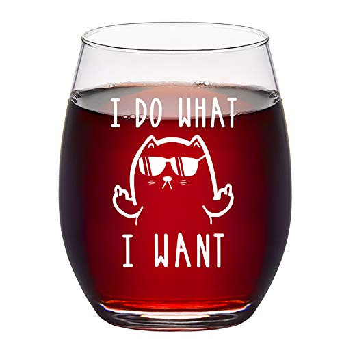 I Do What I Want Funny Wine Glass  Cat Stemless Wine Glass - Cat Lover Gifts for Women  Men  Cat Dad  Cat Mom  Cat Lover  Friends - Gift Idea for Chri
