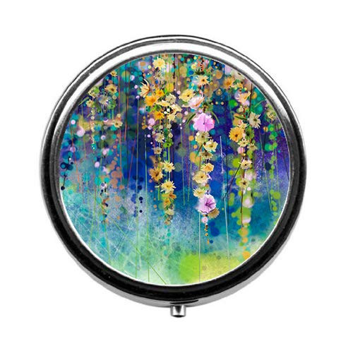 Qien BaiSei Abstract Watercolor Flowers Pill Box-Pill Case-Round Pill Box-Case- Three-Compartment Pill Box-Pill Case