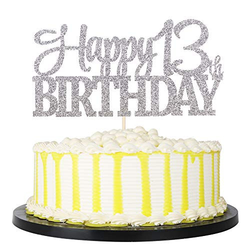 PALASASA Sivler Glittery Happy 13th Birthday Cake Topper Hello 13 13 Birthday -Anniversary Party Cake Decorations -13th-