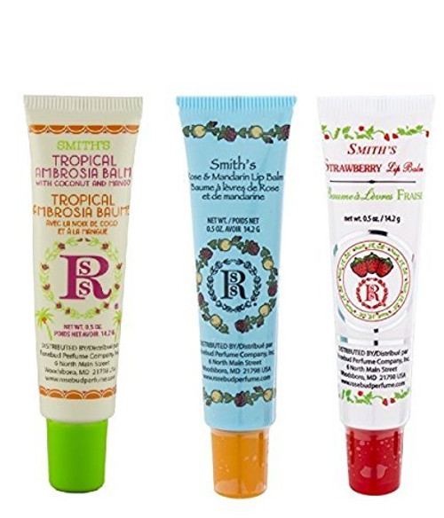 Rosebud Perfume Co- Tube 3 Pack Tropical Ambrosia Balm Rose and Mandarin Lip Balm Strawberry Lip Balm Rosebud Perfume Co- Tube 3 Pack Tropical Ambrosia Balm Rose and Mandarin Lip Balm Strawberry Lip Balm