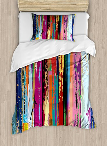 Ambesonne Abstract Duvet Cover Set Twin Size, Multicolored Expressionist Work of Art Vibrant Rainbow Design Tainted Pattern, Decorative 2 Piece Bedding Set with 1 Pillow Sham, Multicolor