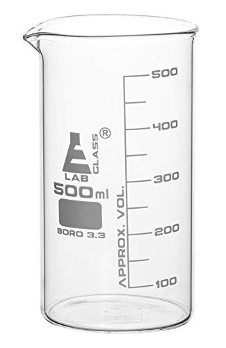 Beaker  500ml - Tall Form with Spout - White  50ml Graduations - Borosilicate 3-3 Glass - Eisco Labs