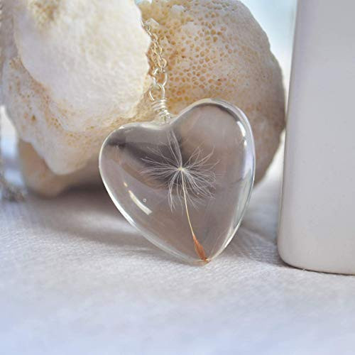 Dandelion Make a Wish Real Flowers Big Heart Love Glass 925 Sterling Silver Chain Necklace Dandelion Make a Wish Real Flowers Big Heart Love Glass 925 Sterling Silver Chain Necklace