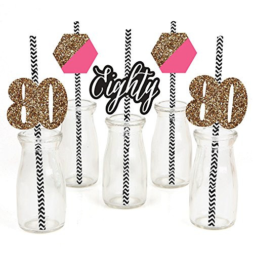 Chic 80th Birthday - Pink, Black and Gold - Paper Straw Decor - Birthday Party Striped Decorative Straws - Set of 24