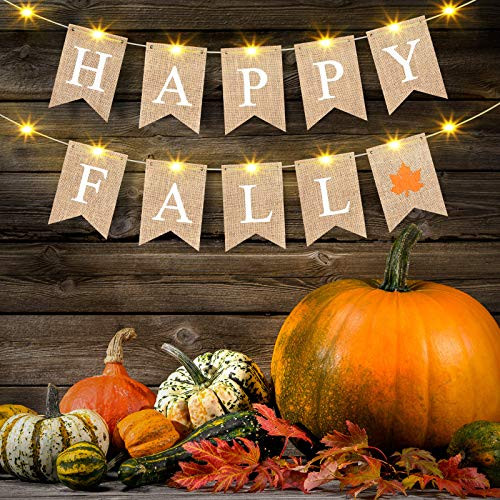 Happy Fall Burlap Banner Thanksgiving Autumn Maple Leaf Rustic Garland Banner with String Light Mantel Fireplace Banner Thanksgiving Bunting Flag for Happy Fall Burlap Banner Thanksgiving Autumn Maple Leaf Rustic Garland Banner with String Light Mantel Fireplace Banner Thanksgiving Bunting Flag for