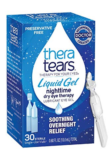 Thera Tears Eye Drops for Dry Eyes  Nighttime Dry Eye Therapy Lubricant Eyedrops  Preservative Free  30 Count Single-Use Vials  Clear