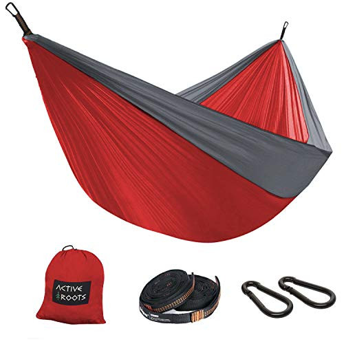 ACTIVE ROOTS Double Camping Hammock with Tree Straps - Portable Hammock  Parachute Nylon Lightweight Hammock for Backpacking  Travel  Indoor  Outdoor