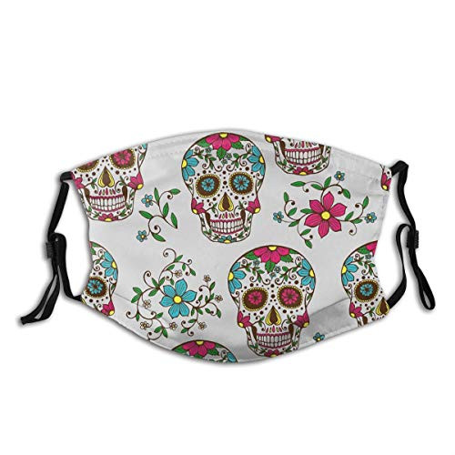 Colorful Sugar Skull Face Mask Reusable Adjustable Balaclava Bandana Cloth With 2 Filters For Men And Women Outdoors