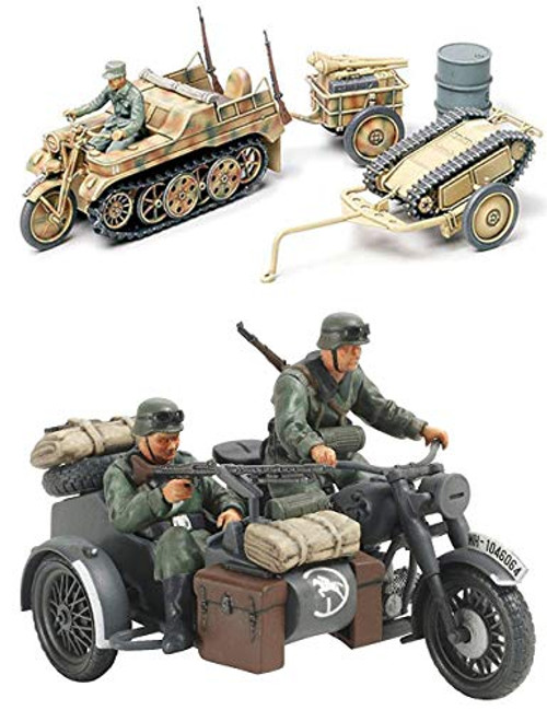 2 Sets of Tamiya Military Assembly Models Bundle - German Vehicles - Motorcycle and Sidecar and Kettenkraftrad with Infantry Cart and Goliath Demolition