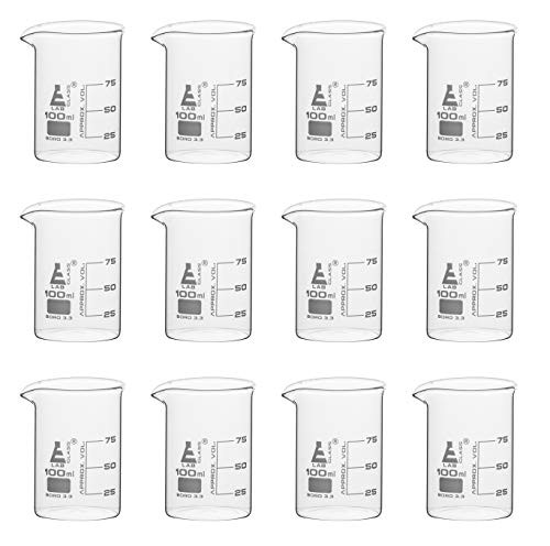 12 Pack Beakers  100ml - Borosilicate Glass  Low Form - 25ml Graduations - Eisco Labs