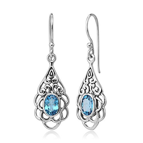 925 Sterling Silver Open Filigree Flower Blue Topaz Gemstone Teardrop Dangle Hook Earrings 1-5