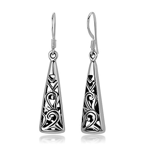 925 Oxidized Sterling Silver Bali Inspired Open Filigree Puffed Triangle Dangle Hook Earrings 1-4 925 Oxidized Sterling Silver Bali Inspired Open Filigree Puffed Triangle Dangle Hook Earrings 1-4