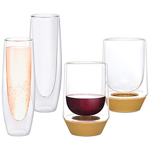 Eparé Bundle 5oz Set of 2 Champagne Flutes and 10oz Set of 2 Wine Glasses - Double-Walled Sparkling Glasses and Stemless Red and White Wine Tumblers Eparé Bundle 5oz Set of 2 Champagne Flutes and 10oz Set of 2 Wine Glasses - Double-Walled Sparkling Glasses and Stemless Red and White Wine Tumblers