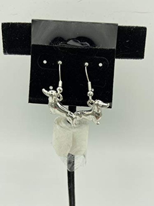 Silvertone 3D Dachshund Charm Dangle Earrings with Sterling Silver Hooks
