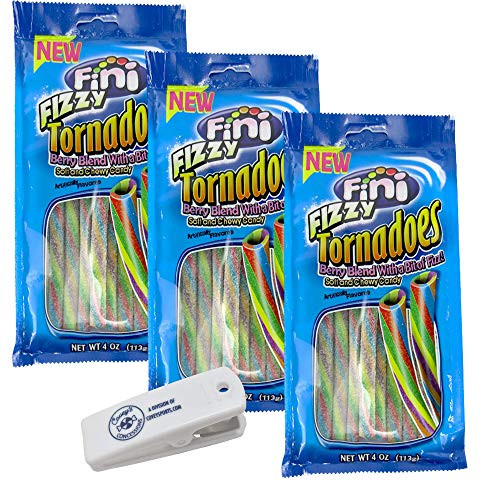 Fini Fizzi Tornadoes Licorice Candy - -3-Pack  4 oz- Bags- - Soft Chewy Tornado Candies  Bundled with Coveys Concessions Bag Clip