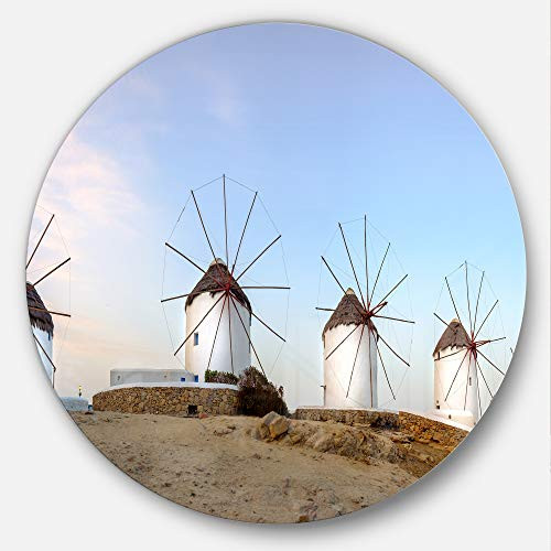 Designart Traditional Greek Windmills Panorama Landscape Large Metal Wall Art - Disc of 11 11'' H x 11'' W x 1'' D 1P Blue/White