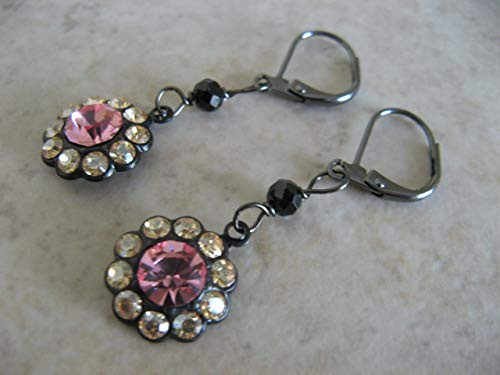 Pink and Champagne Swarovski Crystal Flower Earrings Black Spinel Gemstone Boho Artisan Jewelry Pink and Champagne Swarovski Crystal Flower Earrings Black Spinel Gemstone Boho Artisan Jewelry