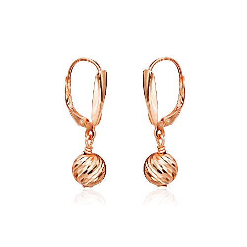 Rose Gold Flashed Sterling Silver Diamond-Cut 8mm Ball Beads Leverback Drop Dangle Earrings