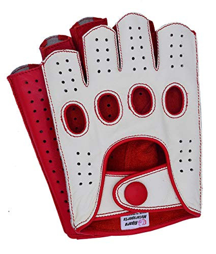 Riparo Mens Leather Reverse Stitched Fingerless Half-Finger Driving Motorcycle Gloves -Large  White-Red-