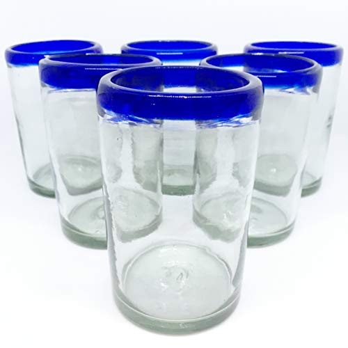 Mexican Blown Glass Drinking Glasses Cobalt Blue Rim -Set of 6-